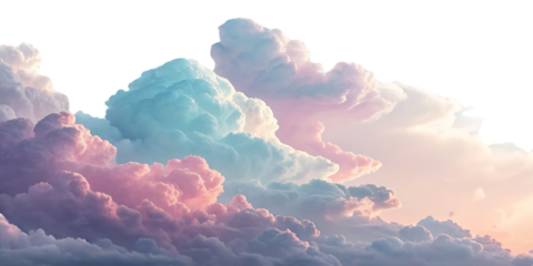 Pastel sunset clouds in layered formation with pink blue and golden light streaming through, isolated on a transparent background