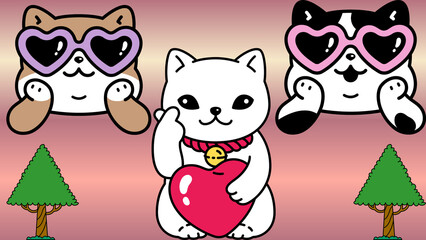 Cute Kawaii Maneki-neko Cat with Friends and Hearts