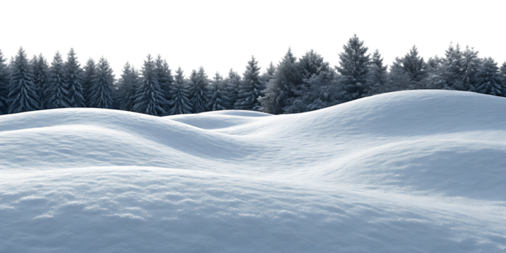 Snow-covered rolling hills with evergreen forest backdrop creating serene winter mountain landscape, isolated on a transparent background