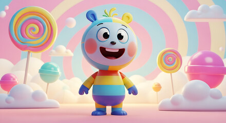 Naklejka premium Cartoon bear character stands smiling amidst a candy land of lollipops, swirls, and fluffy clouds in pastel colors.