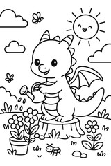 Cute baby dragon watering flowers in a whimsical garden with smiling sun