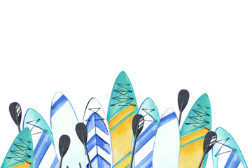 group of watercolor inflatable paddleboards, horizontal frame, template, black paddles, hand drawn illustration of bright stand up paddle board, SUP and equipment, sketch of summer vacation on water