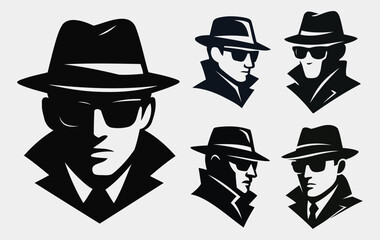Stylish Spy in Black Coat with Sunglasses and Fedora Hat Vector Art