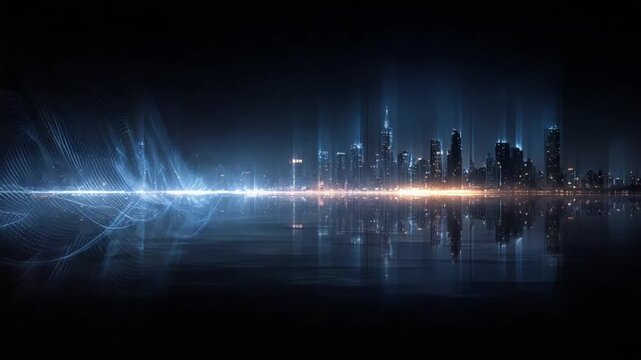 Futuristic city skyline at night with reflections and abstract light effects