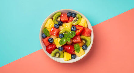 A colorful fruit salad with a variety of fruits including watermelon, pineapple, blueberries, strawberries, kiwi, and raspberries, arranged in a white bowl on a pink and blue background.
