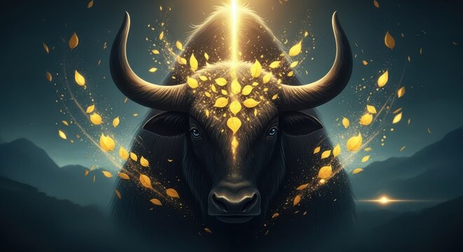 Majestic Black Bull Embellished with Golden Embers and Glowing Light