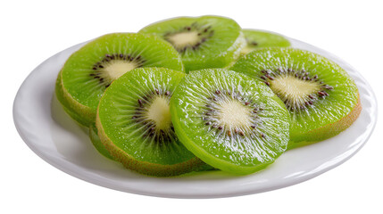 Freshly Cut Kiwi on Plate: A flat lay of freshly cut kiwi slices with vibrant green color, isolated on a Transparent background, PNG file.