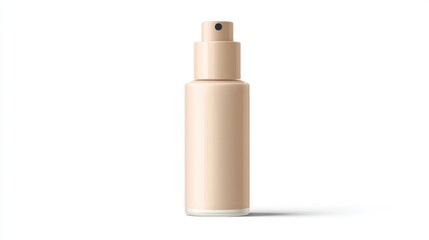 Cylindrical beige bottle with a spray top, isolated on white background; subtle shadow below