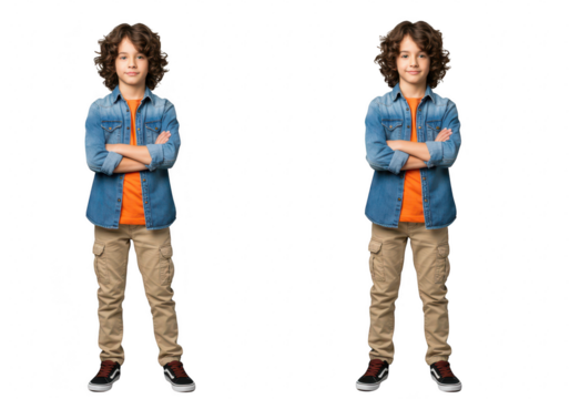 A young boy with curly brown hair, wearing a denim shirt over an orange tshirt and cargo pants, standing with his arms crossed, isolated on transparent background