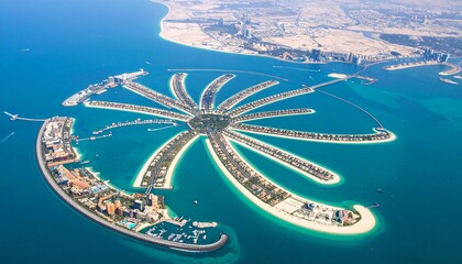 Aerial view of the Palm Jumeirah, an artificial archipelago in Dubai, showcasing its unique palm tree shape and surrounding turquoise waters.