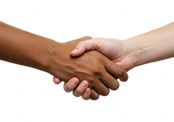 Closeup of two hands, one darker and one lighter, shaking hands in agreement and partnership, isolated on transparent background