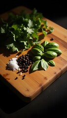 Rustic wooden cutting board with chopped herbs, peppercorns, and salt under moody dramatic lighting