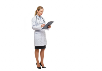 A female doctor in a white coat holding a clipboard and writing, isolated on transparent background