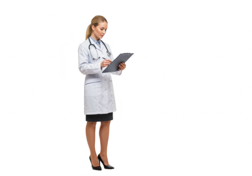 A female doctor in a white coat holding a clipboard and writing, isolated on transparent background