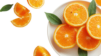 Freshly Cut Oranges on White Plate: A flat lay of freshly cut orange slices with vibrant orange color, isolated on a Transparent background, PNG file.