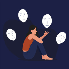 An illustration of a sad and lonely woman sitting in the dark, surrounded by various emotional masks