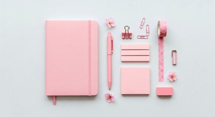 Pastel Pink Stationery Set Flat Lay decorated at floor