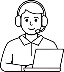 Customer Service Representative with Headset Working on Laptop, Black and White Icon