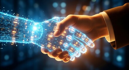 A human shaking hands with a robot, symbolizing the partnership between people and AI. A concept of future collaboration and technological agreement.