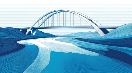 A stylized illustration of a modern arch bridge spanning a meandering river valley, rendered in cool blues and whites with a linear texture