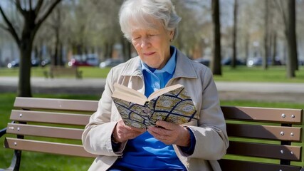 Senior woman sitting on a park bench reading a book, enjoying leisure and relaxation outdoors. Retirement lifestyle footage. - Powered by Adobe