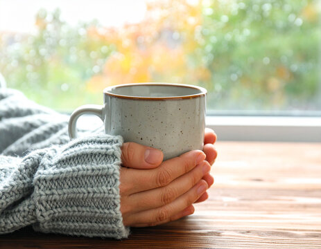 Cozy Hands Holding Speckled Mug by Window on Wooden Table