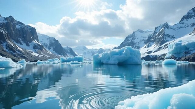 Icy landscape featuring a serene lake surrounded by snow capped mountains and floating icebergs