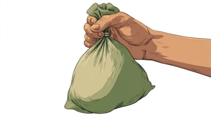 A hand holds a loosely tied, olive-green cloth sack against a stark white background; the style is reminiscent of vintage illustration