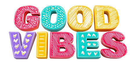 Colorful 3D Good Vibes Text with Fun Patterns on Black Background for Positive Message and Graphic Design