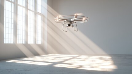 A drone hovers in a sunlit, minimalist room with large windows, casting dramatic shadows on the floor