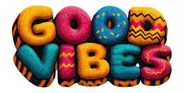 Colorful Good Vibes Typography with Funky Texture and Pattern on Black Background Positive Message with Vibrant Colors for Graphic Design and Creative Projects