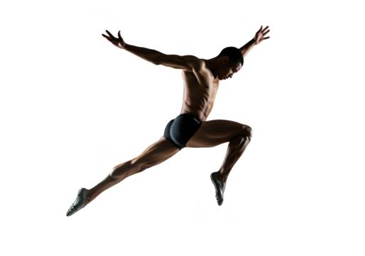 Athletic man in midjump action pose isolated on transparent background