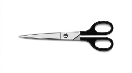 Obraz premium A pair of sleek, silver scissors with black handles, sharply pointed and showcasing a minimalist design, rests against a stark white backdrop