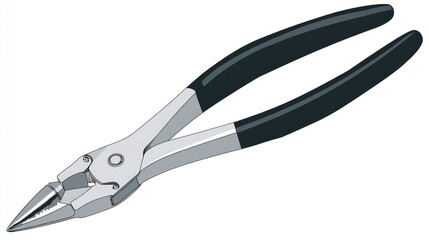 Fototapeta premium A detailed illustration of a pair of pliers with black handles and a metallic, pointed gripping end. The tool is angled and displayed against a white backdrop