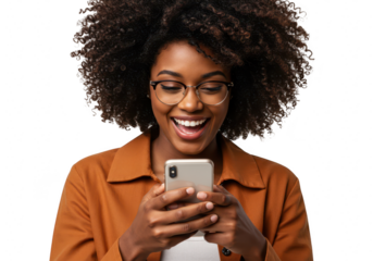 Happy woman smiling while using smartphone, isolated on transparent background