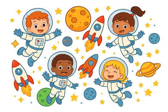 Cute cartoon kids astronauts in space. Happy multiethnic children in suits flying in universe with rocket, planets, stars. Vector character set for exploration and adventure.