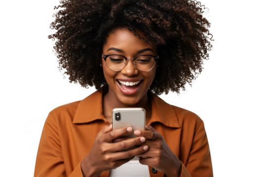 Happy woman smiling while using smartphone, isolated on transparent background