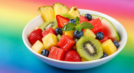 A vibrant fruit salad with a rainbow of colors, including watermelon, kiwi, strawberries, blueberries, and pineapple, arranged in a white bowl with a colorful background.