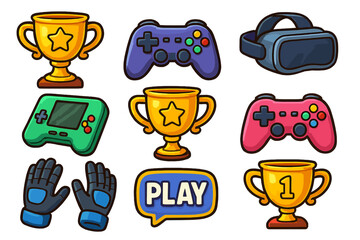 Obraz premium Cartoon gaming icon set with controller, winner trophy, and VR headset. E-sports competition concept with award, joystick, and play button. Vector video game sticker elements.