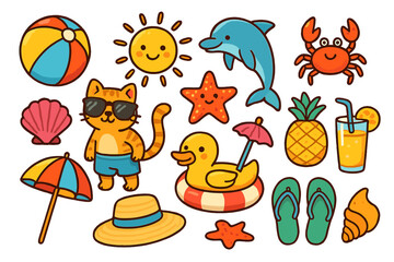 Fototapeta premium Vibrant summer beach icons vector set with cute animals, tropical elements, sun, umbrella, hat, drinks, cat, dolphin, crab, flip-flops, shell, pineapple, rubber duck, cartoon illustration
