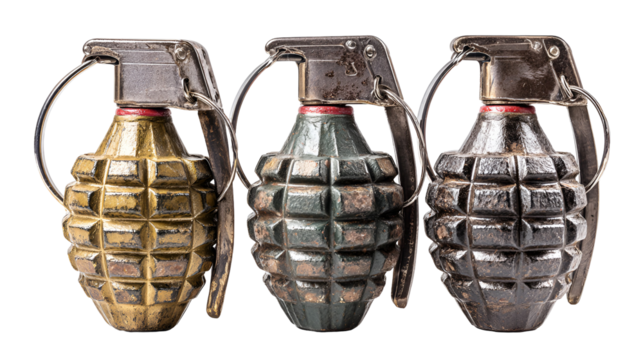Three fragmentation grenades isolated on transparent background