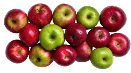 Freshly Picked Apples: A flat lay of freshly picked apples with rich red and green colors, isolated on a Transparent background, PNG file.