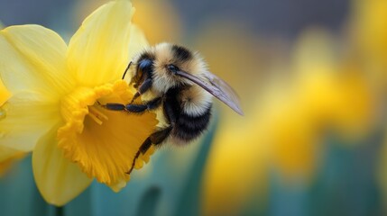 A fuzzy bumblebee clings to a vibrant yellow daffodil, its pollen-covered legs visible as it diligently gathers nectar. The background softly blurs more daffodils