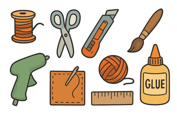 Crafting and Hobby Tools Vector Collection. DIY Supplies for Creative Projects. Sewing, Cutting, Gluing, Painting Equipment. Minimalist Cartoon Illustration Isolated on Transparent Background.