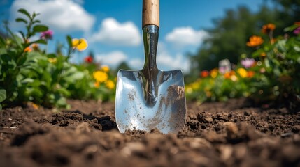 camera shot of a shovel stuck in the ground