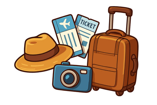 Travel essentials vector set for vacation and adventure. Cartoon illustration of luggage, airplane tickets, camera, and summer hat. Concept for tourism, journey, and holiday.