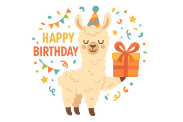 Fototapeta premium Festive llama celebrating birthday with colorful party hat and wrapped gift cartoon vector illustration on transparent background, cheerful animal party design, cute festive character