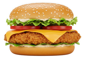 Delicious gourmet chicken burger with melted cheese and fresh toppings on sesame seed bun transparent background