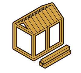 骨組みができた段階の建築中の新築住宅のアイソメトリック図イラスト（アイソメ）