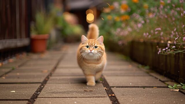 Charming cat strolling through flower-laden pathway in a cozy garden setting capturing nature's beauty and animal companionship